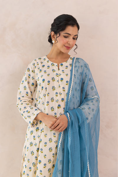 Cotton Mahin Buti Print Kurta Set in Shades of Ivory & Blue