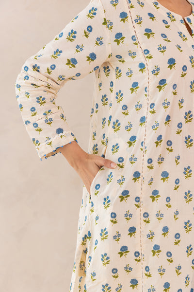 Cotton Mahin Buti Print Kurta Set in Shades of Ivory & Blue