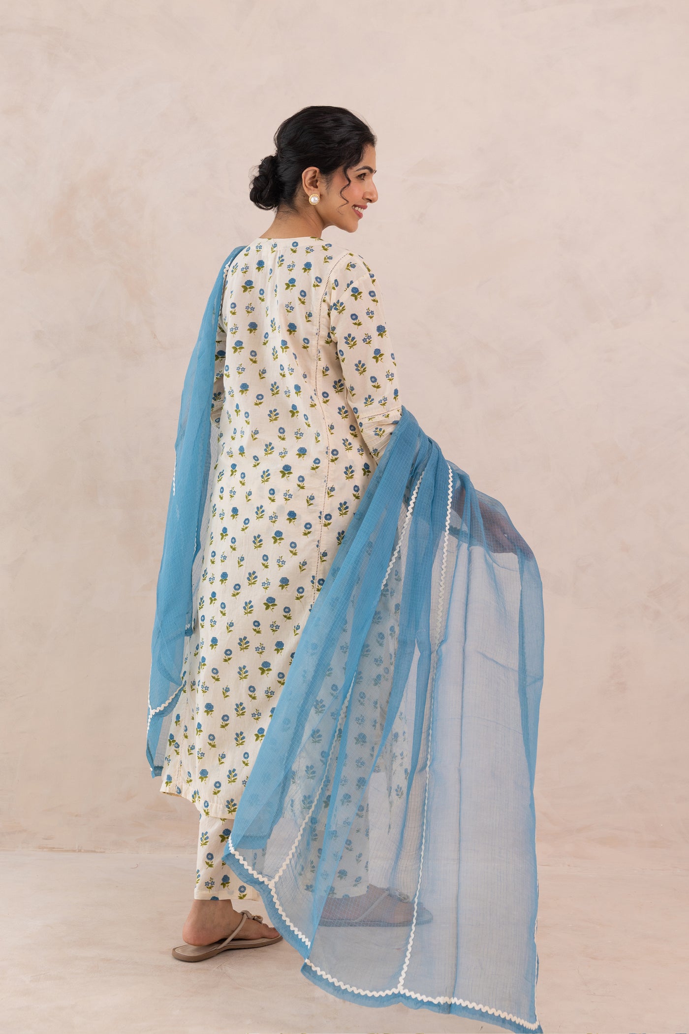 Cotton Mahin Buti Print Kurta Set in Shades of Ivory & Blue