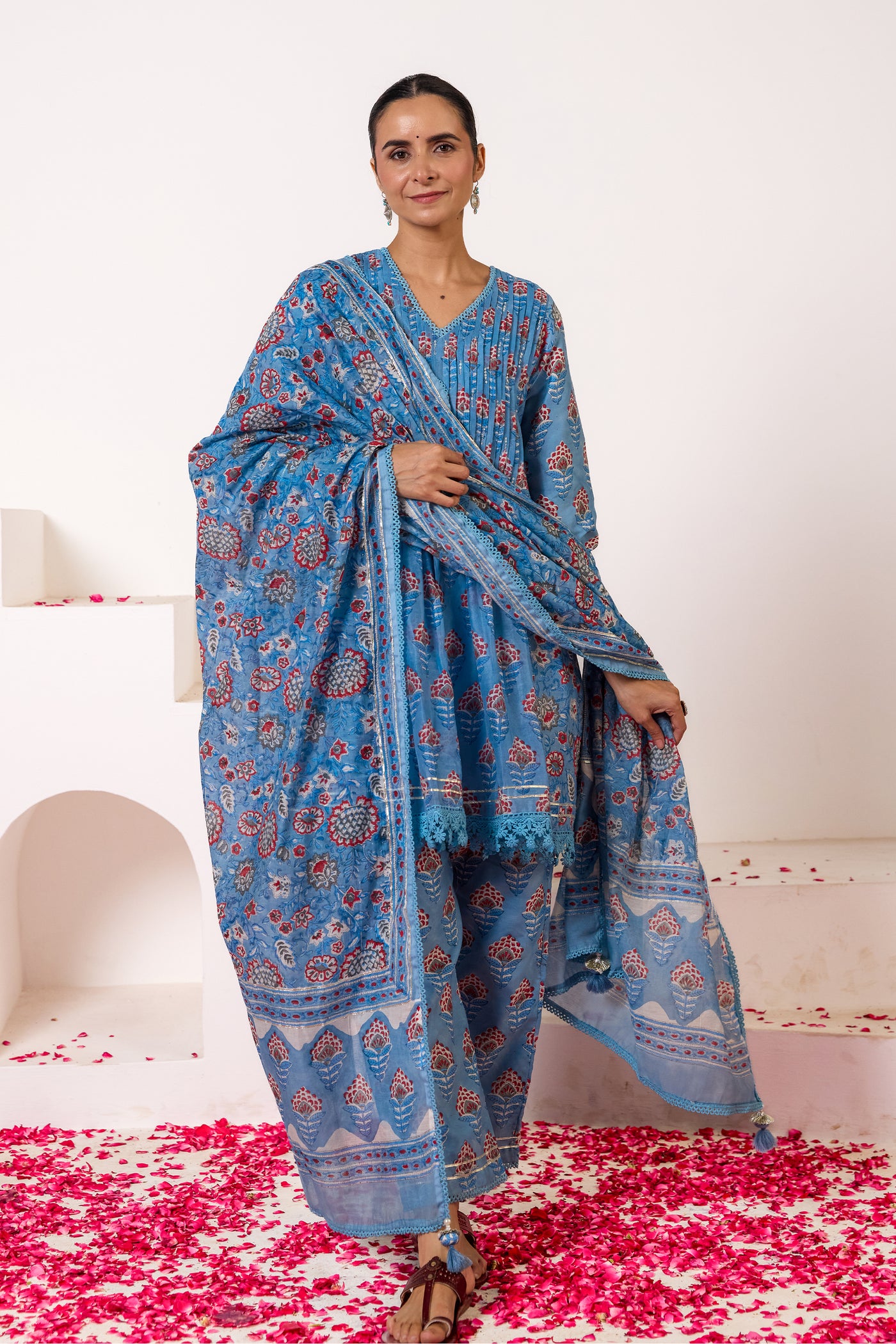 Chanderi Silk Block Print Mughal Buti Kurta Set in Classic Blue
