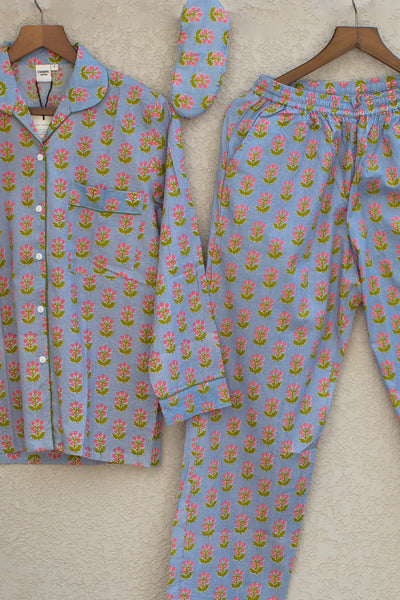 Cotton Buti Print Night Suit with Eye Mask in Baby Blue