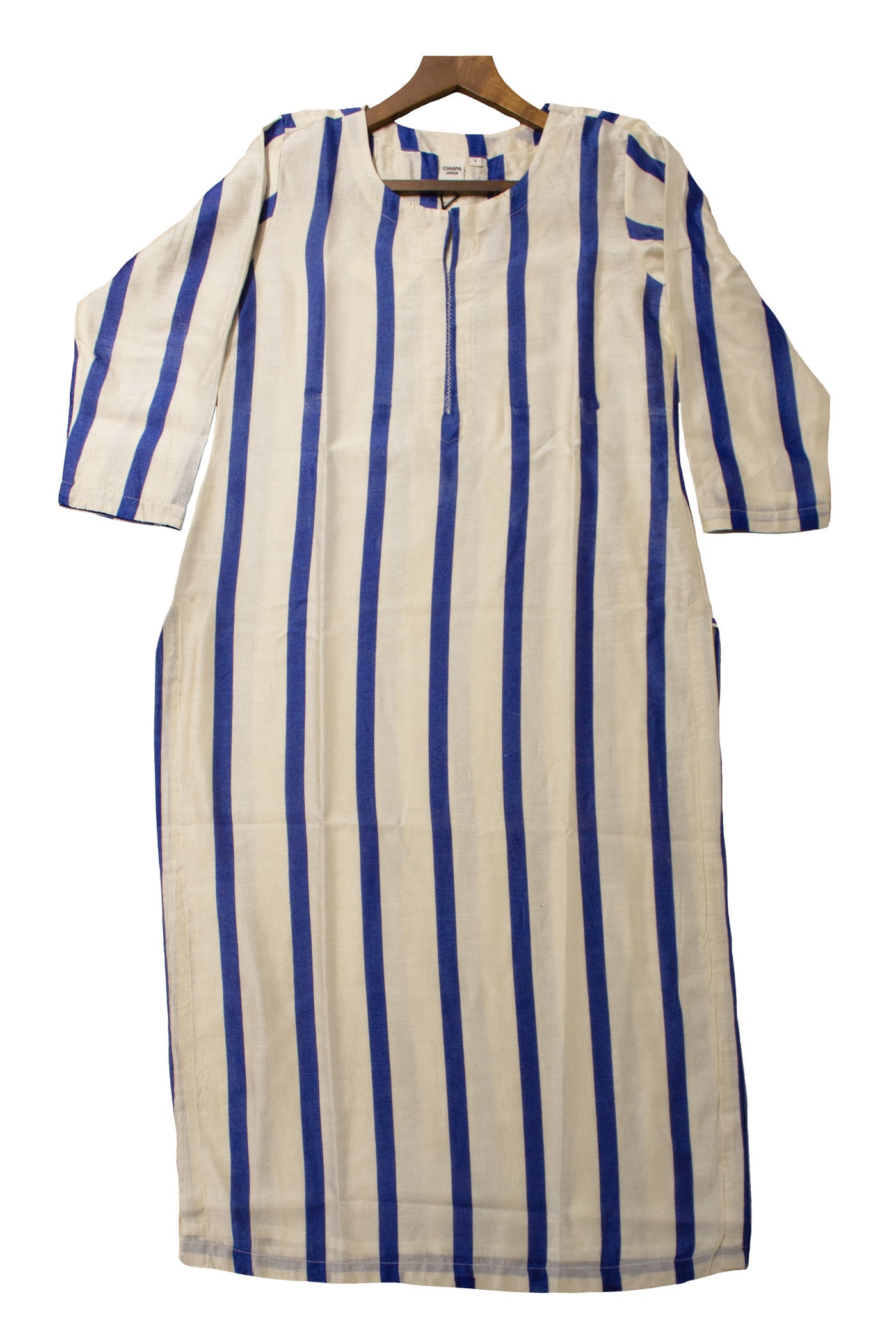 Chanderi Silk Stripe Block Print Kurta in Blue