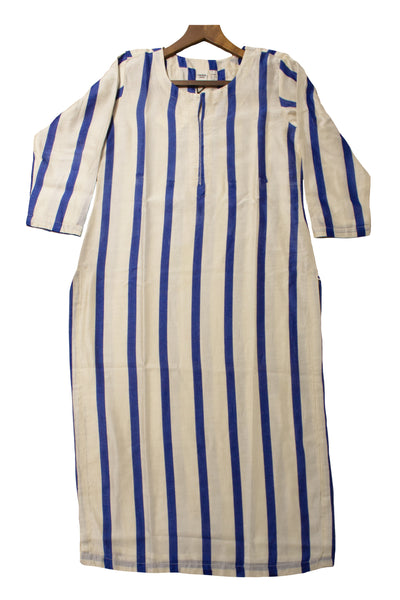 Chanderi Silk Stripe Block Print Kurta in Blue