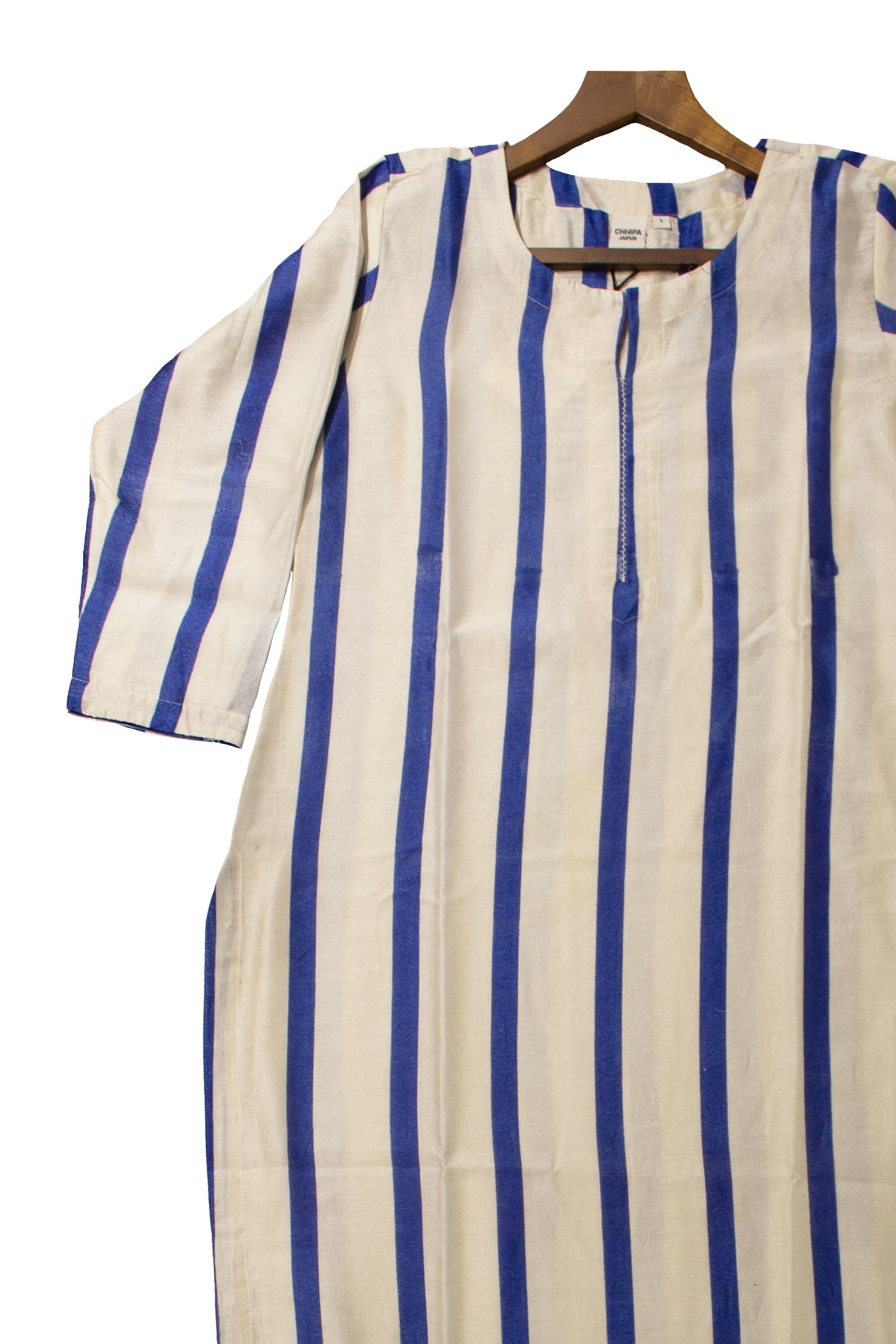Chanderi Silk Stripe Block Print Kurta in Blue