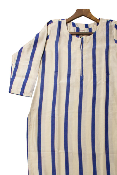 Chanderi Silk Stripe Block Print Kurta in Blue
