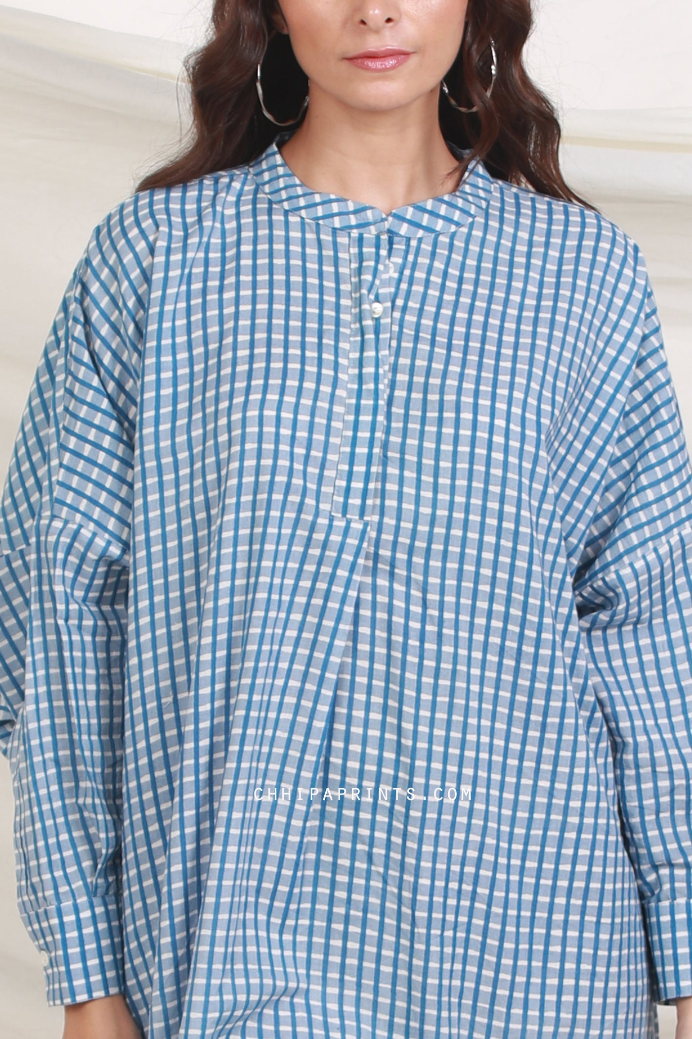 Cotton Checks Print Sunday Tunic in Shades of Blue and White