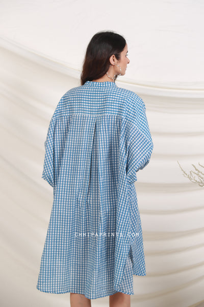 Cotton Checks Print Sunday Tunic in Shades of Blue and White