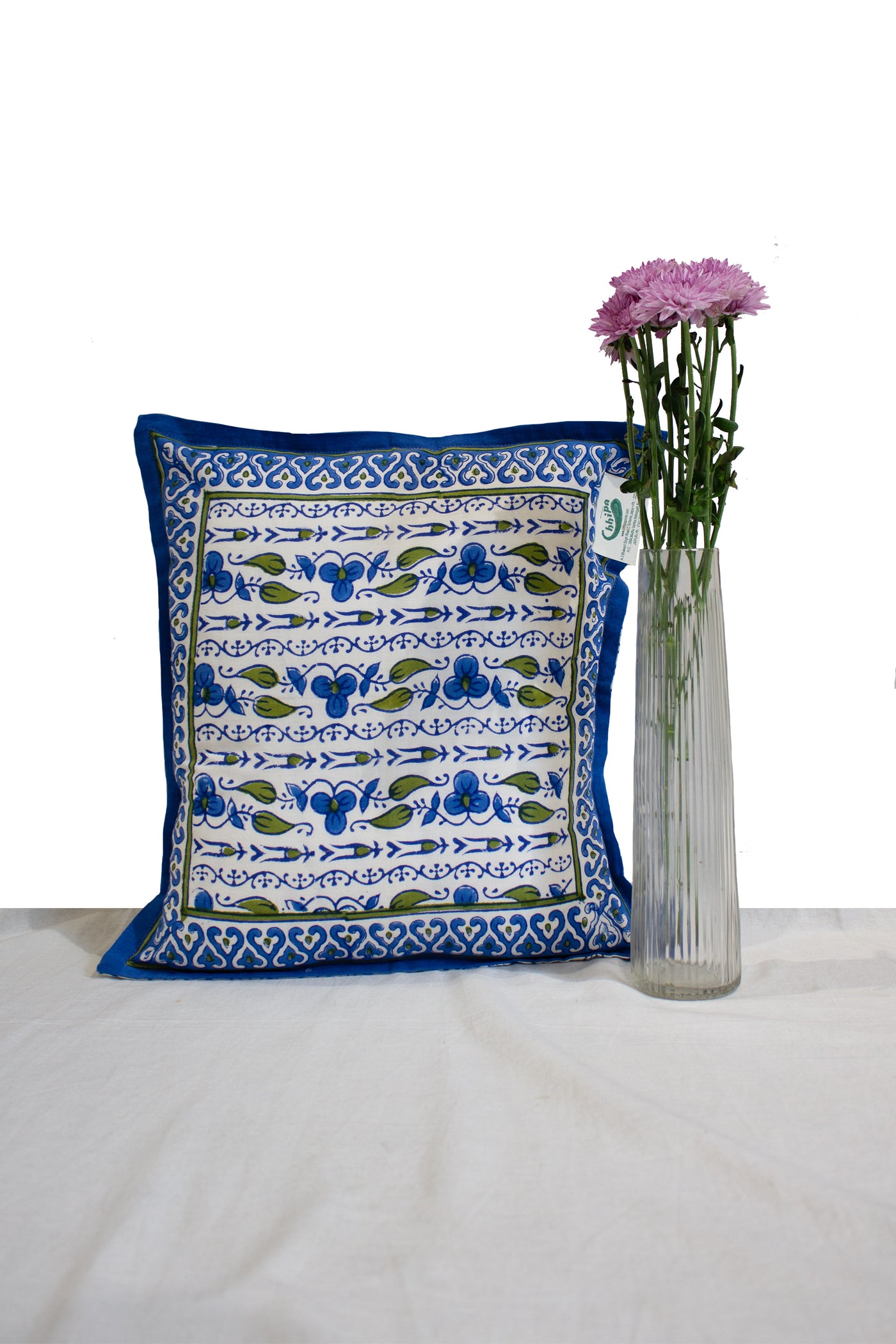 Cotton Border Hand Block Print Cushion Cover in Blue