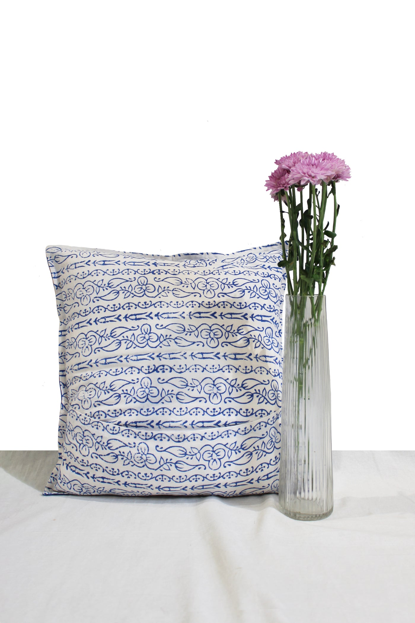Cotton Border Hand Block Print Cushion Cover in Blue