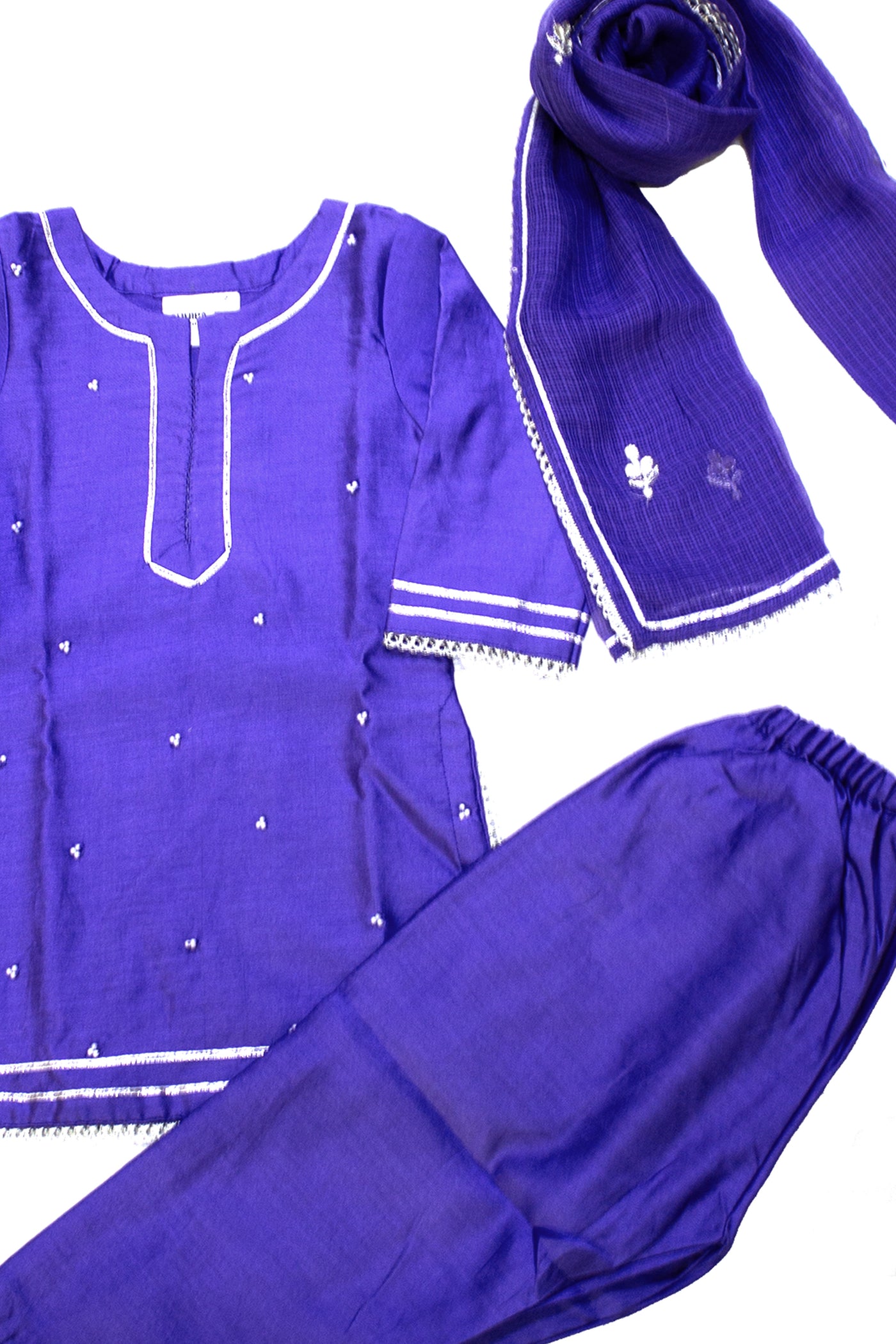 Chanderi Silk Bead Work and Gota Lace Girls Kurta Set in Royal Blue