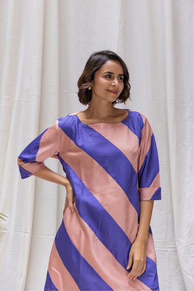 Chanderi Silk Bias Striped Short Dress in Shades of Peach & Blue