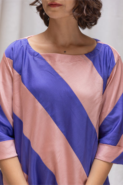 Chanderi Silk Bias Striped Short Dress in Shades of Peach & Blue