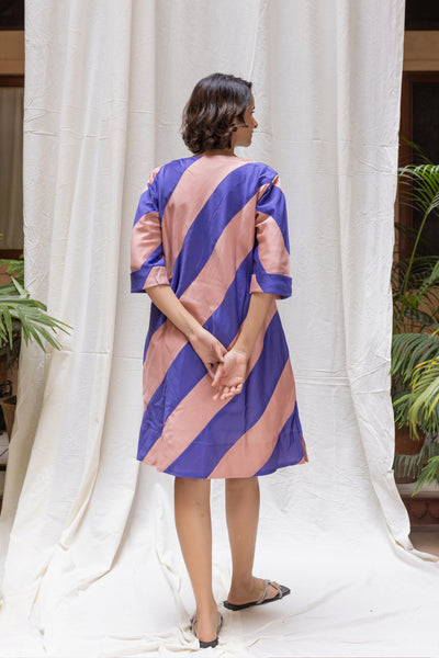 Chanderi Silk Bias Striped Short Dress in Shades of Peach & Blue
