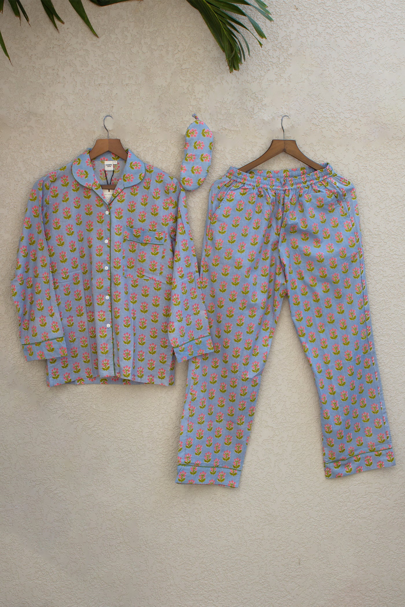 Cotton Buti Print Night Suit with Eye Mask in Baby Blue
