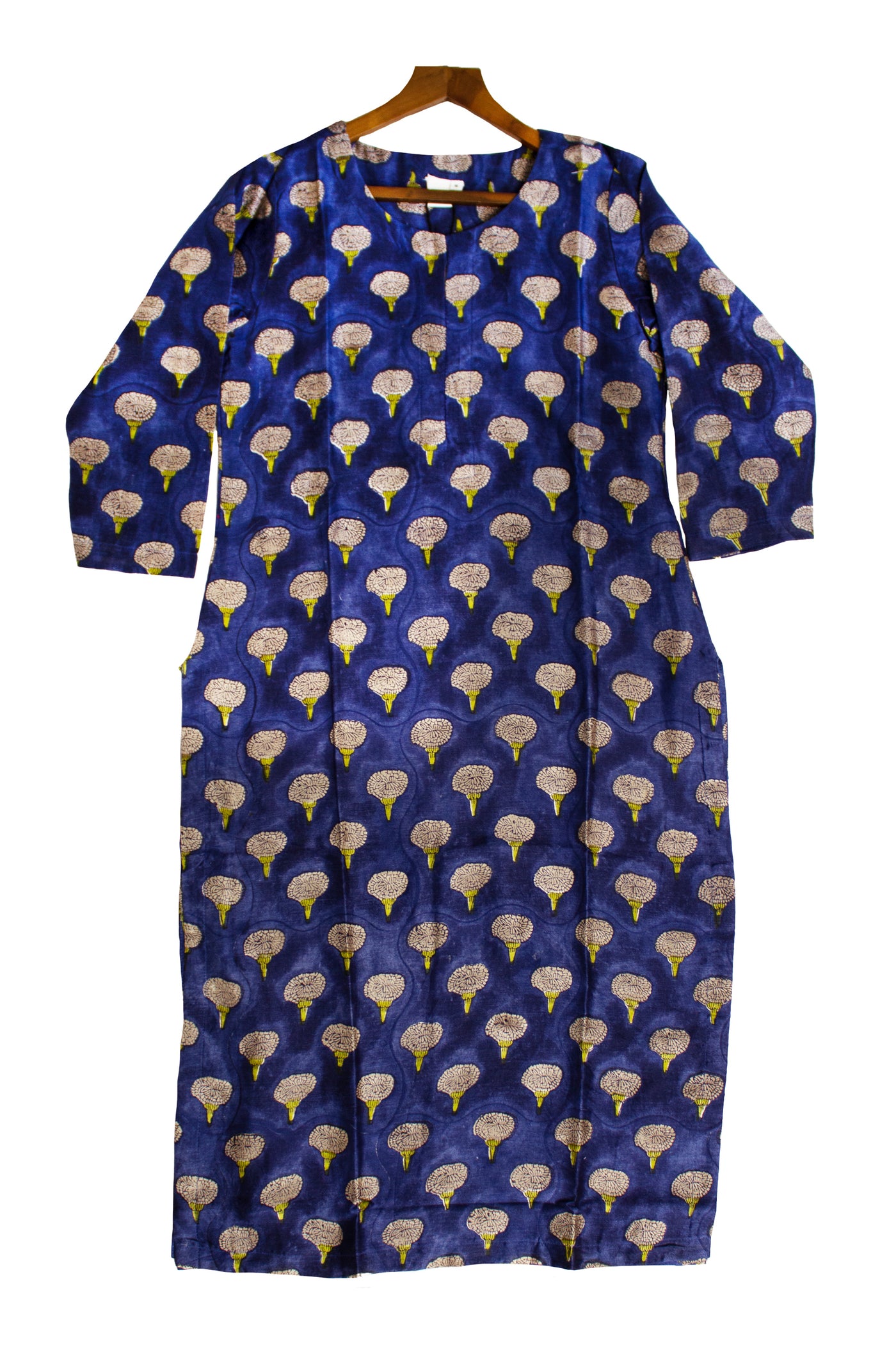 Chanderi Silk Mughal Buta Block Print Kurta in navy blue