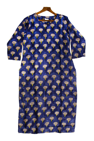 Chanderi Silk Mughal Buta Block Print Kurta in navy blue
