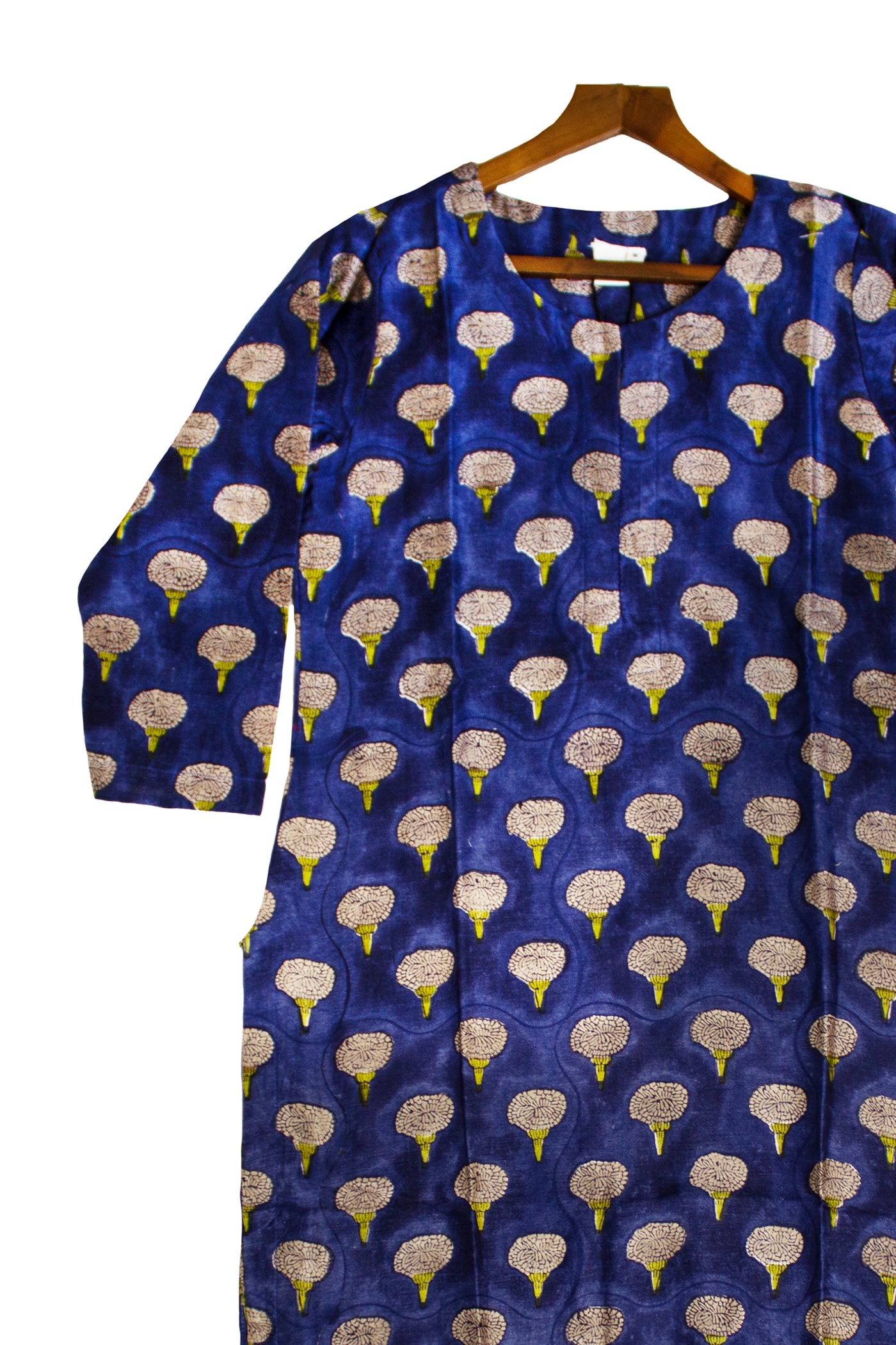 Chanderi Silk Mughal Buta Block Print Kurta in navy blue