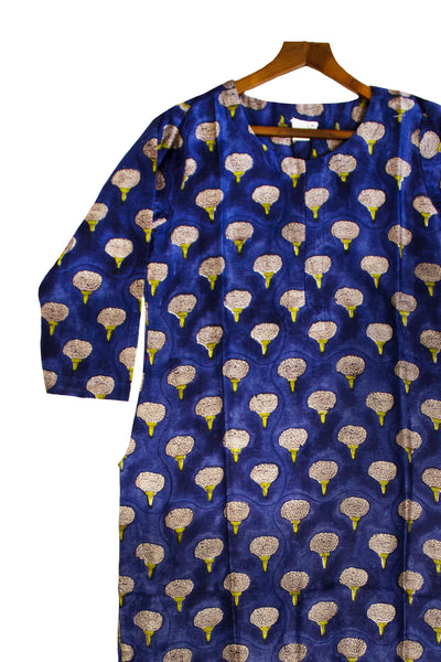 Chanderi Silk Mughal Buta Block Print Kurta in navy blue