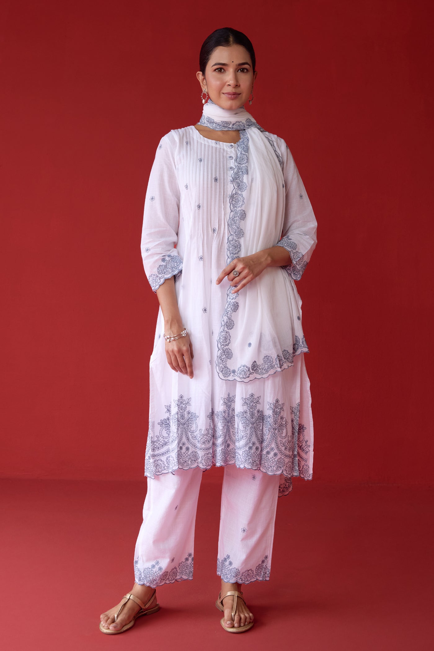 Cotton Shell Tuck Jaal & Buti Embroidered Kurta Set in Gray
