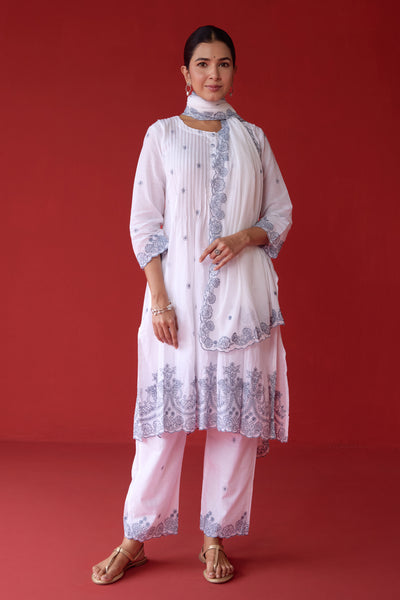 Cotton Shell Tuck Jaal & Buti Embroidered Kurta Set in Gray