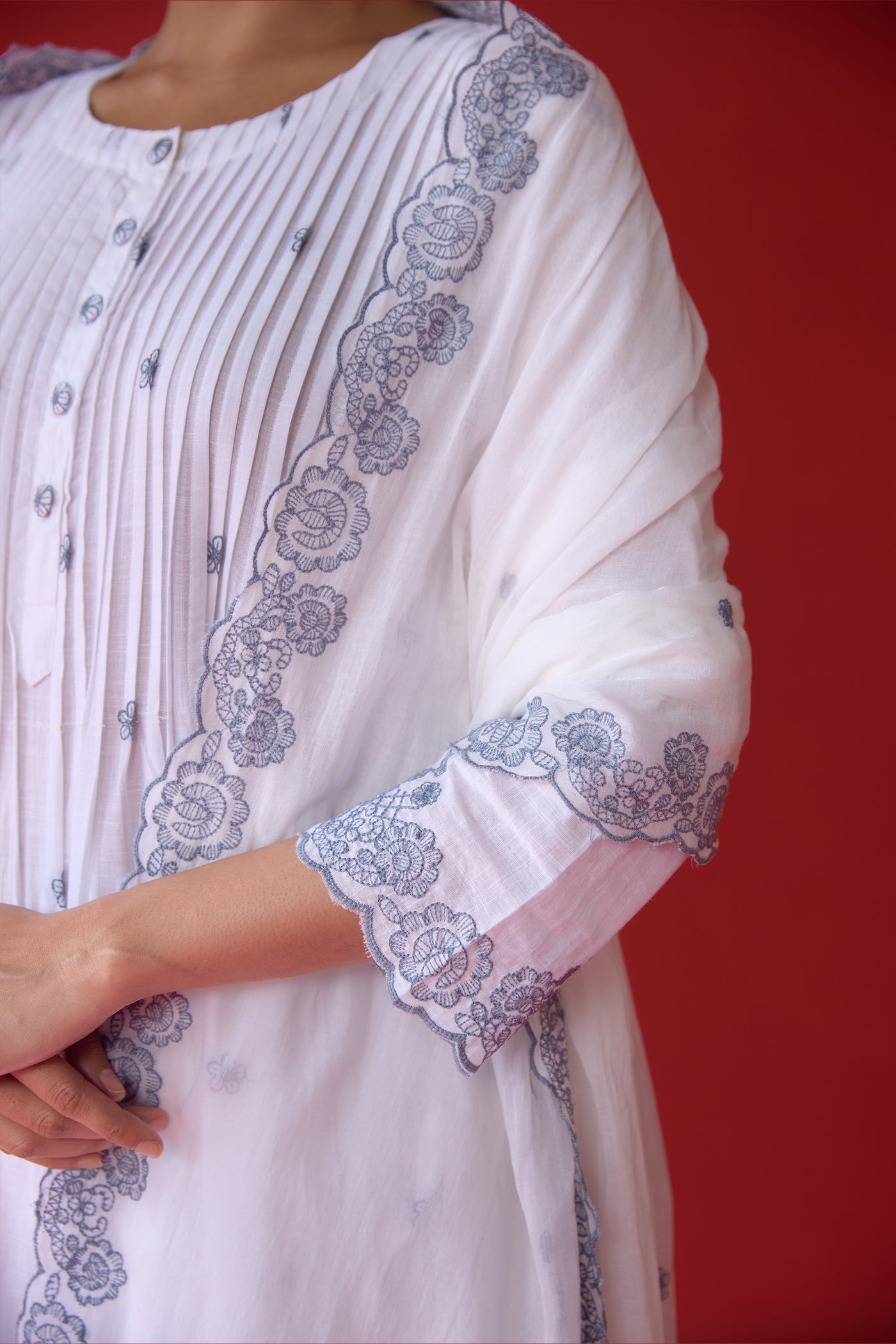 Cotton Shell Tuck Jaal & Buti Embroidered Kurta Set in Gray