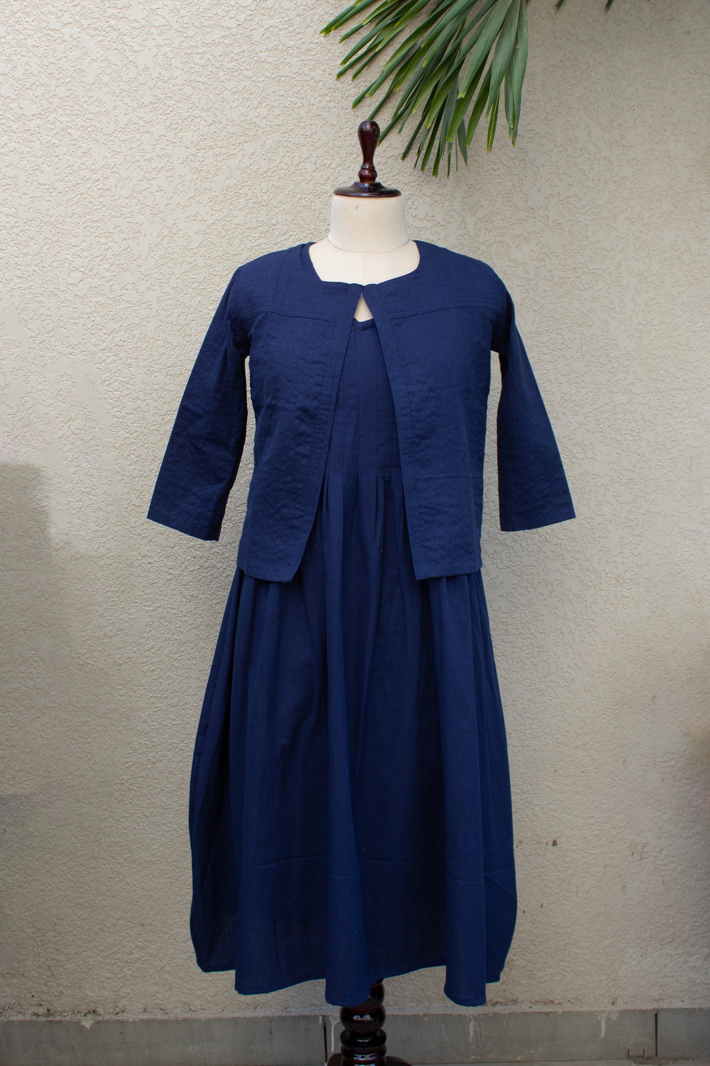 Cotton Plain Dye Midi Dress & Overlay in Navy Blue