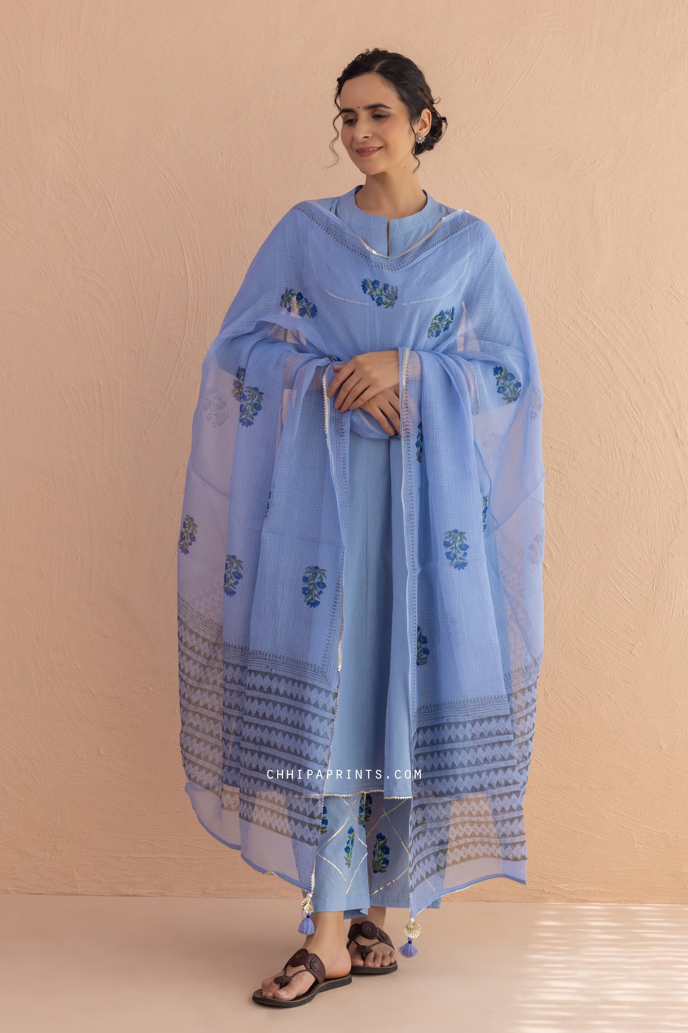 Cotton Block Print Matka Anarkali Kurta Set in Baby Blue