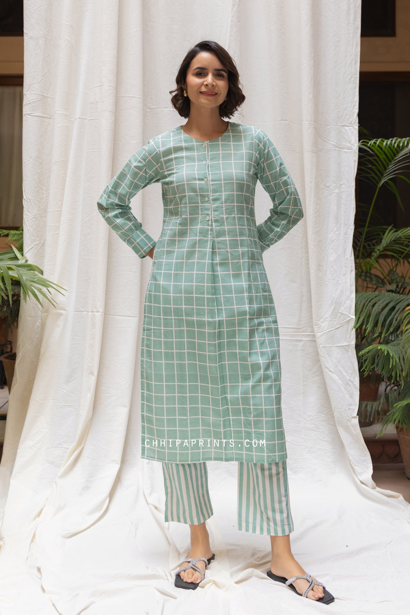 Cotton Checks Print Kurta & Stripe Pants Co Ord Set in Mint Green