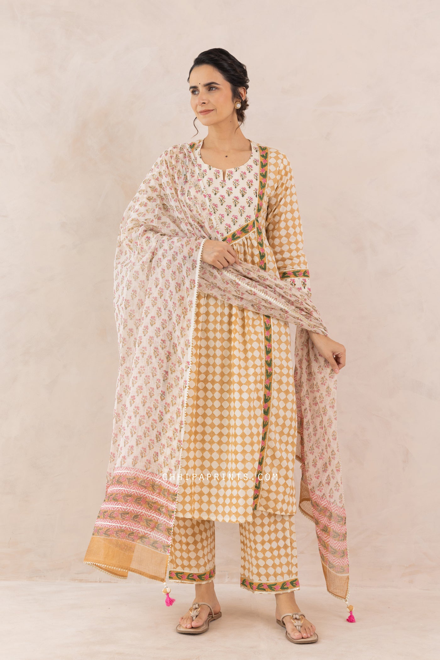 Cotton Block Print Checks Front Gather Kurta Set in Beige
