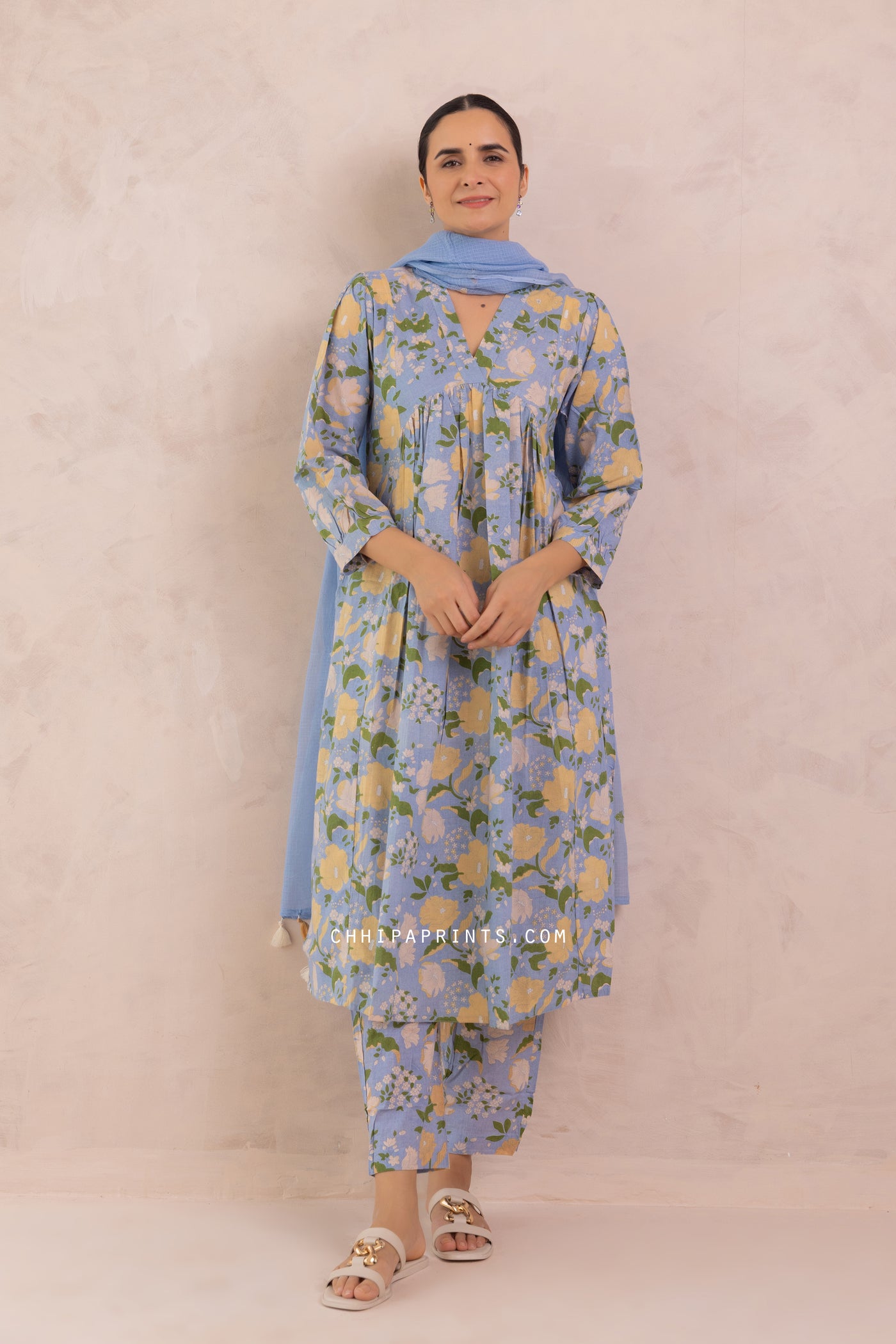 Cotton Mahin Jaal Print Kurta Set in Shades of Baby Blue & Green