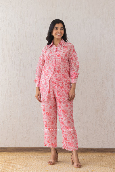 Organza Block Print Gud Jaal Shirt and Pants Co Ord Set in Baby Pink