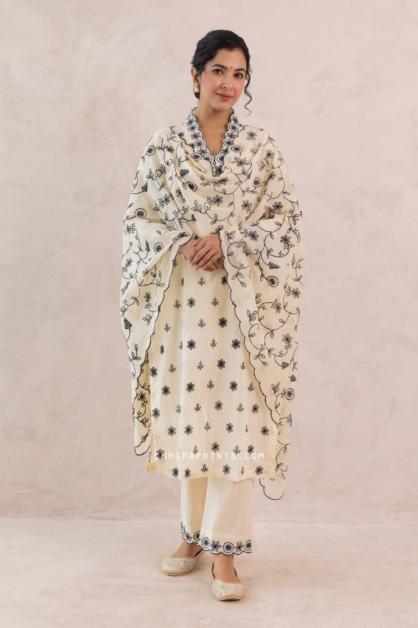 Cotton Jaal & Buti Embroidered Kurta Set in Sweet Corn & Black