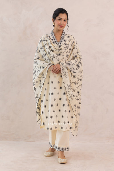 Cotton Jaal & Buti Embroidered Kurta Set in Sweet Corn & Black