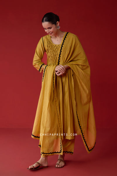 Chanderi Silk Smocking Yoke Kurta Set in Olive Oil