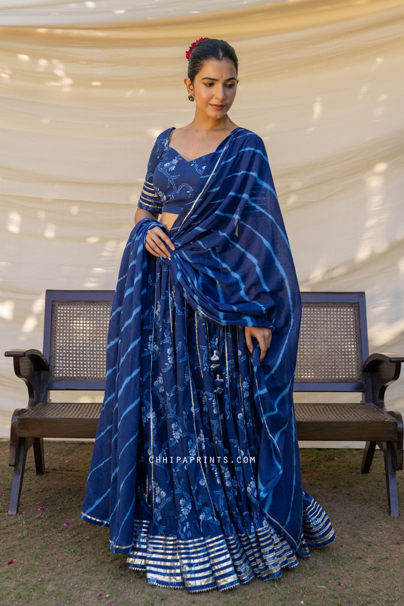 Cotton Jaal Print Kalidar Lehenga Choli Set in Navy Blue