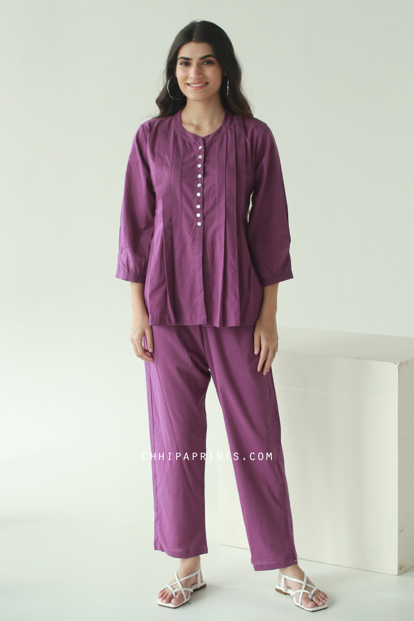 Cotton Tucks Co Ord Set in Plum Purple (Set of 2)