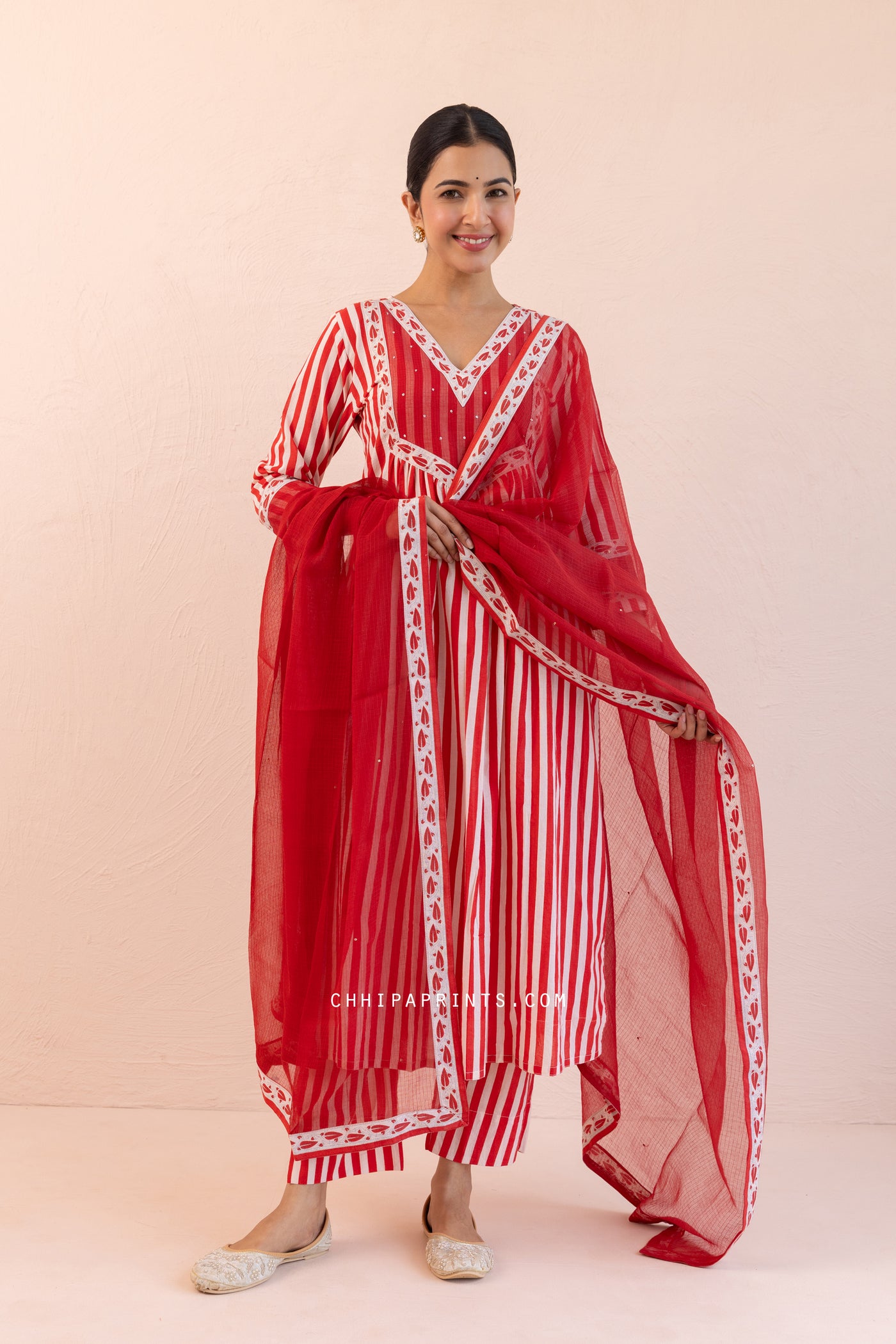 Cotton Stripes Print Front Gather Kurta Set in Racing Red