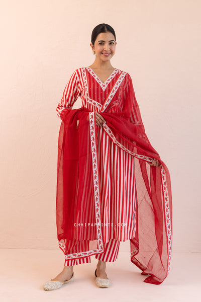 Cotton Stripes Print Front Gather Kurta Set in Racing Red