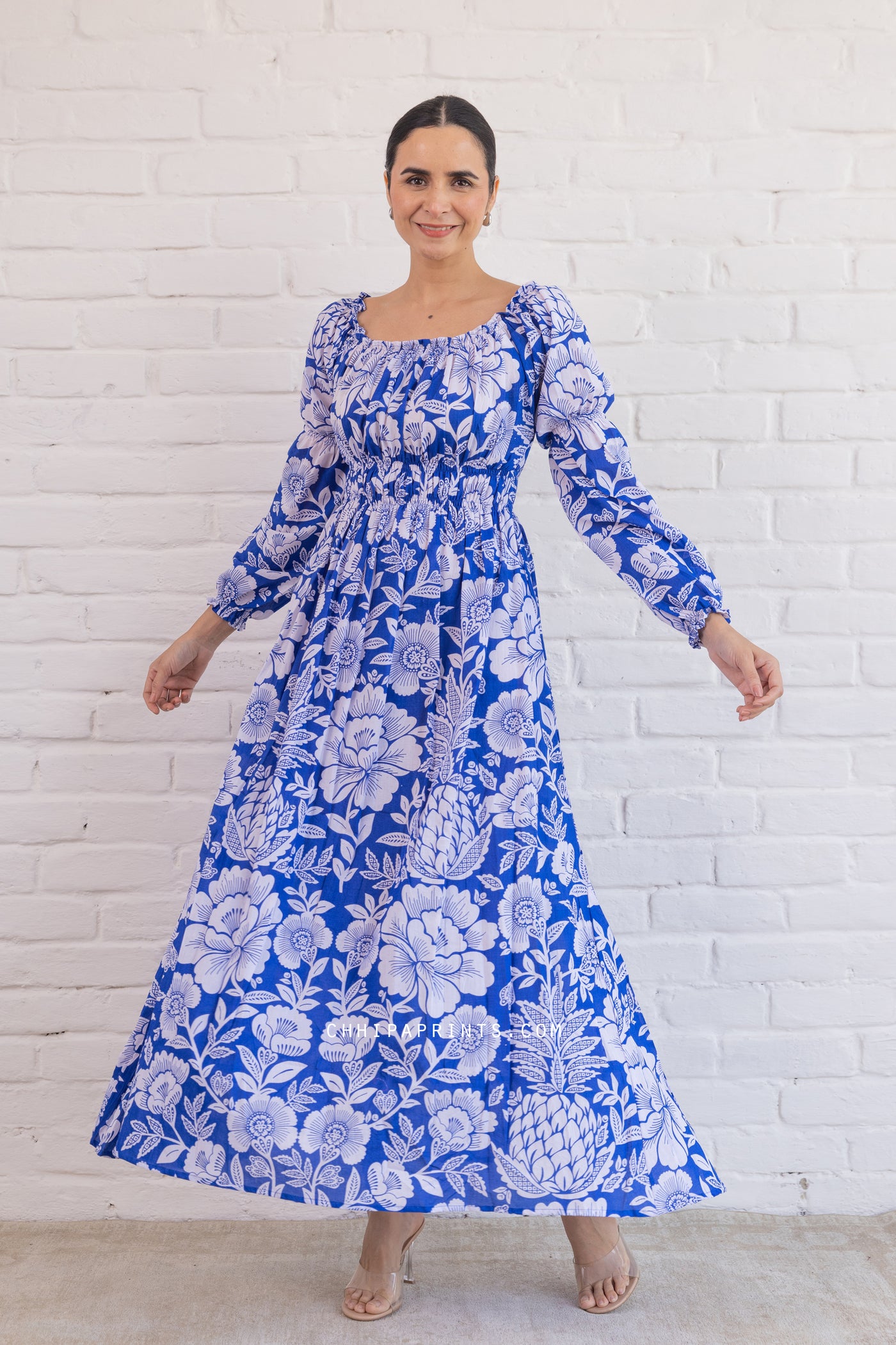 Cotton Mughal Jaal Print Flared Long Dress in Royal Blue