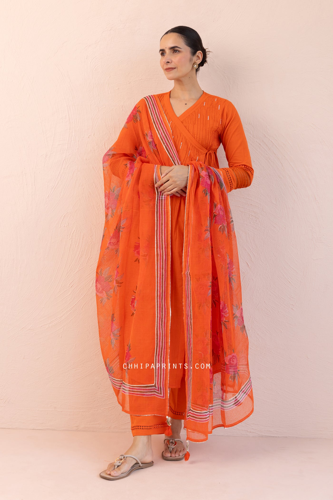 Cotton Slub Plain Dye Angrakha Kurta Set in Gold Flame