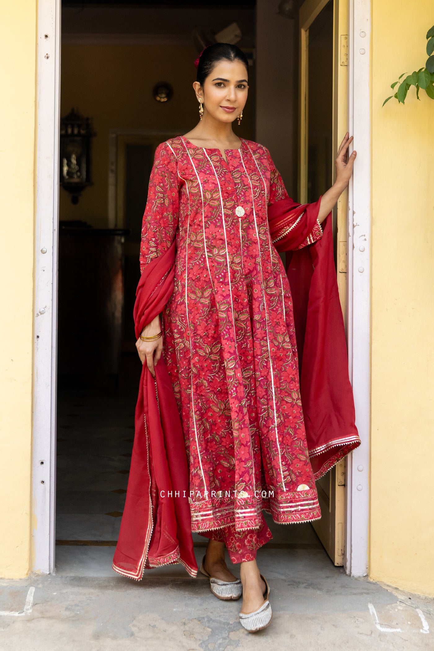 Cotton Block Print Gud Jaal Kalidar Kurta Set in Shades of Red