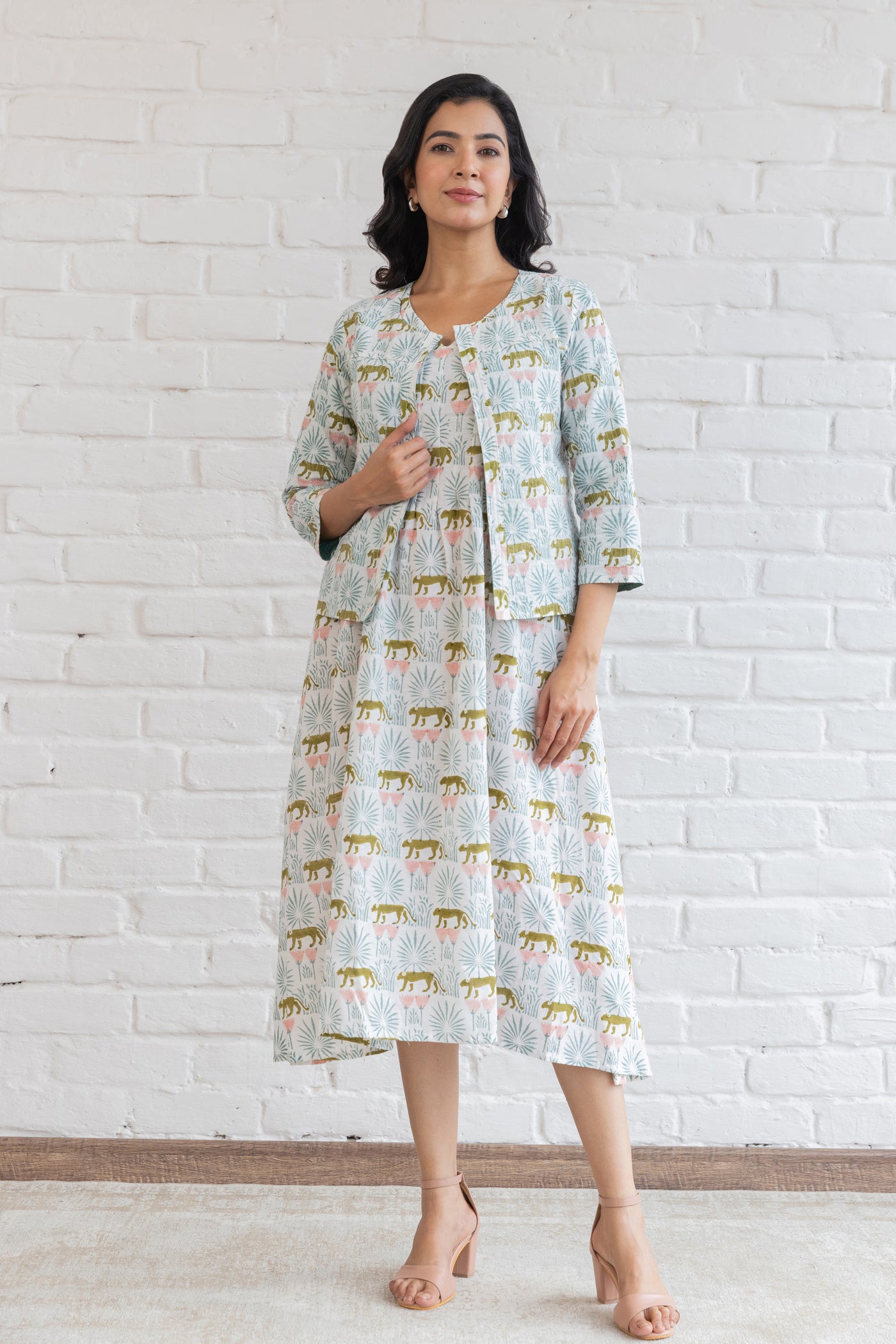 Cotton Jungle Print Midi Dress & Overlay in Shades of Green