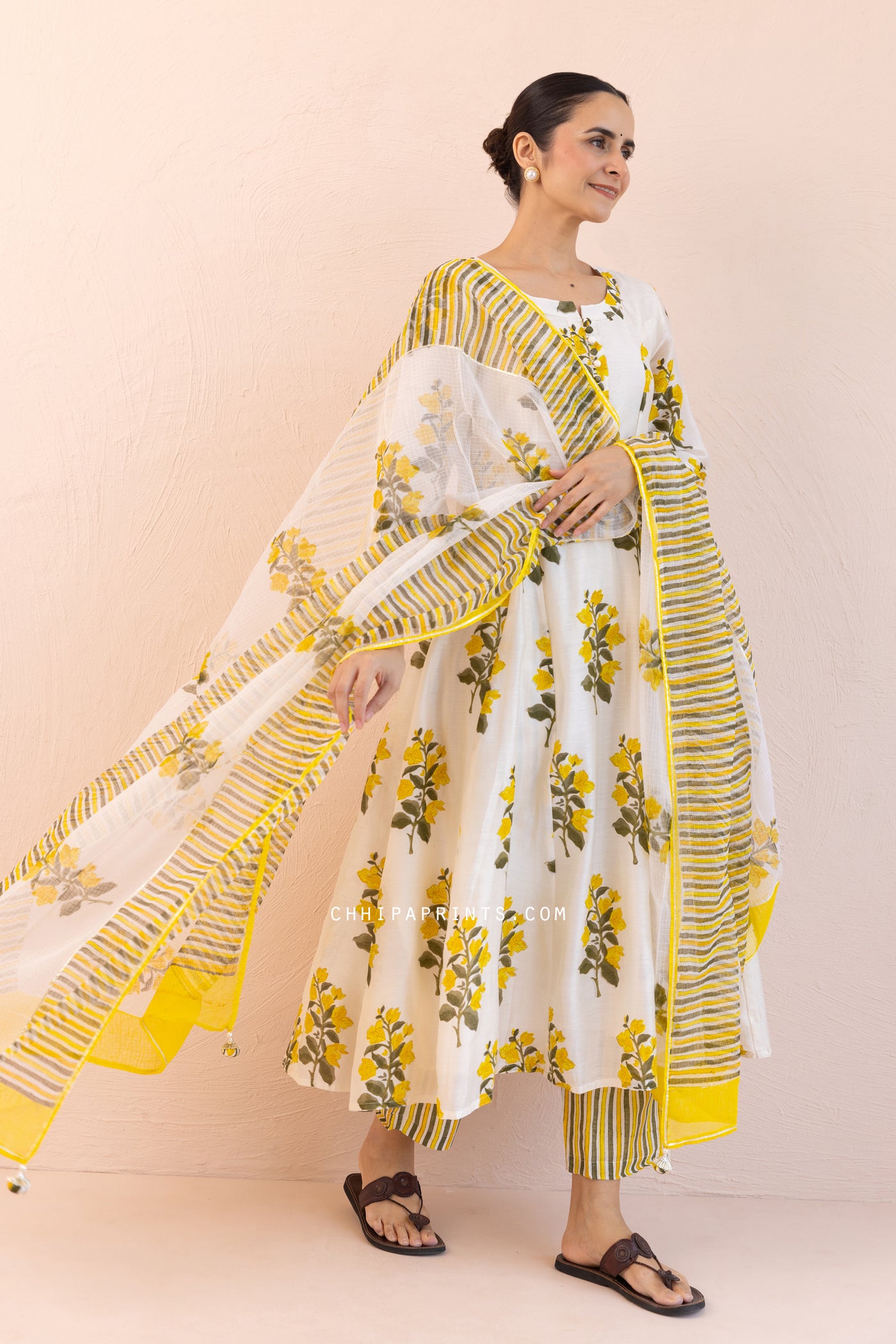 Chanderi Silk Block Print Chintz Long Kurta Set in Solar Yellow