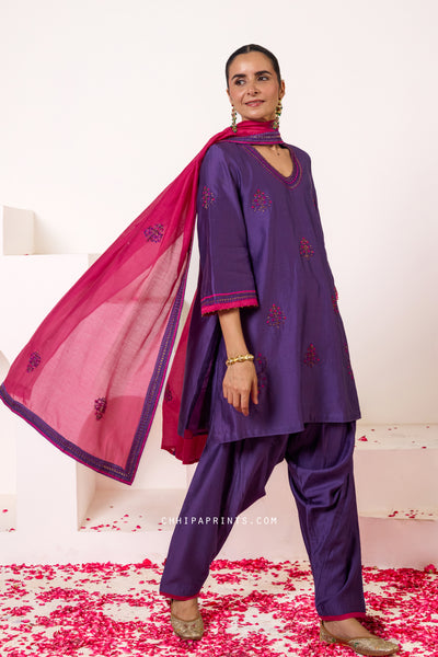 Chanderi Silk Hand Embroidery Kurta Set in Imperial Purple