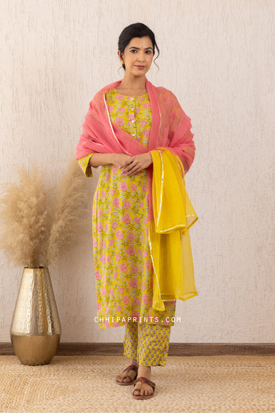 Cotton Mughal Lily Jaal Print Kurta Set in Shades of Yellow & Pink