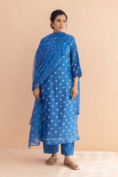 Chanderi Silk Bandhani Kurta Set in Classic Blue (Set of 4)