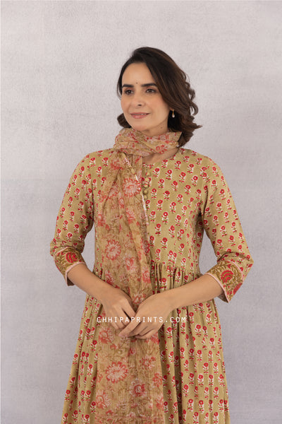 Cotton Block Print Flared Long Kurta Set in Shades of Olive Green & Red