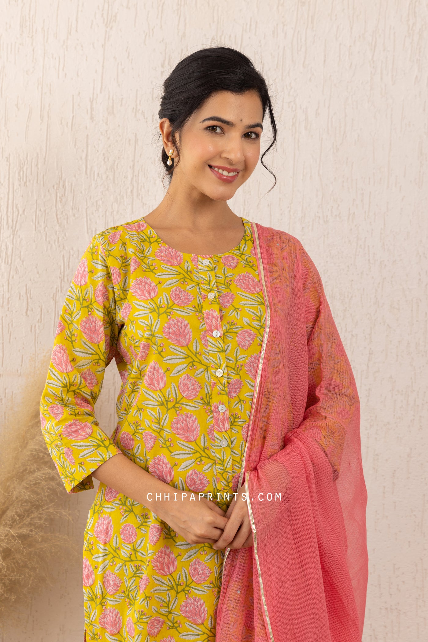 Cotton Mughal Lily Jaal Print Kurta Set in Shades of Yellow & Pink