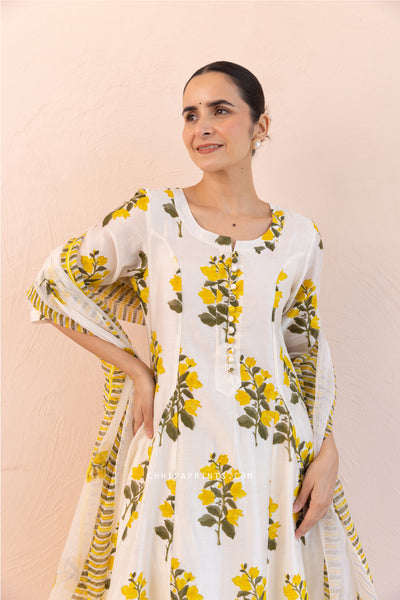 Chanderi Silk Block Print Chintz Long Kurta Set in Solar Yellow