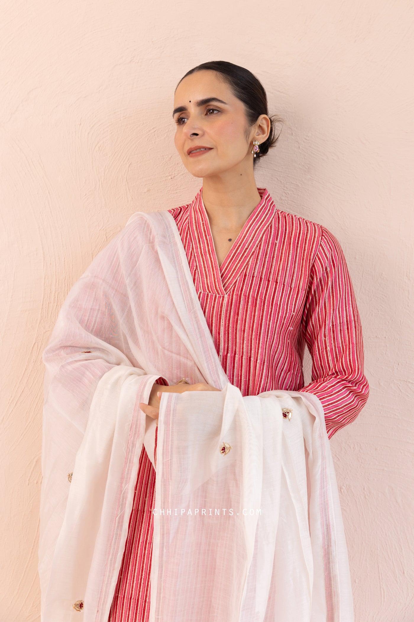 Chanderi Silk Block Print Mahin Stripes Kurta Set in Dark Red